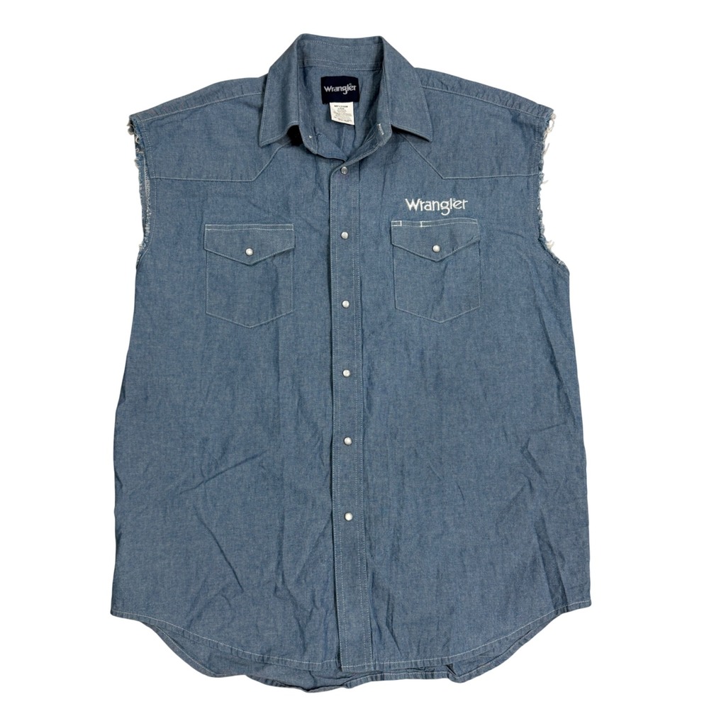Wrangler Mens Blue Denim Sleeveless Western Pearl Snap Shirt Large MP1316M